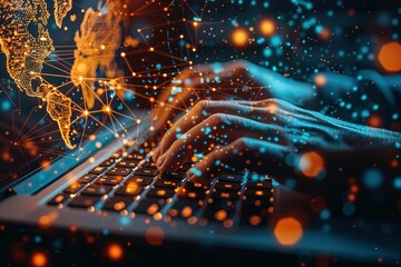 Poster - a person is typing on a laptop with a globe and stars in the background