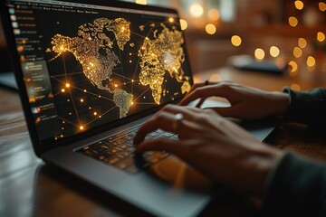 Poster - A person is typing on a laptop with a map of the world on the screen
