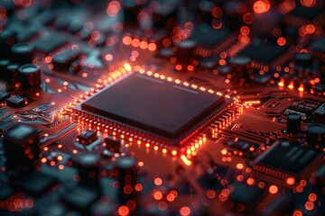 Poster - A computer chip is lit up in red. The chip is surrounded by other electronic components.