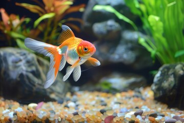 Wall Mural - Goldfish in aquarium with aquatic plants background