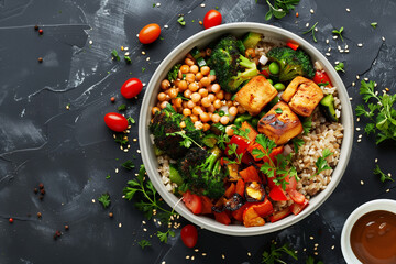 Wall Mural - A bowl of food with a variety of vegetables and meat. The bowl is on a black table