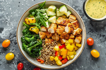 Wall Mural - A bowl of food with chicken, broccoli, and carrots. The bowl is on a gray surface