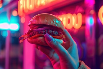 Wall Mural - Close up of a hand holding a juicy burger, neon lights