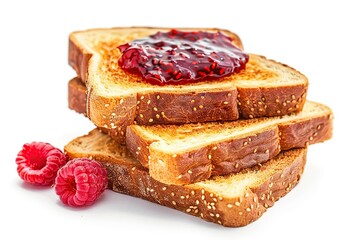 Wall Mural - Toast breads with sweet raspberry jam on white background