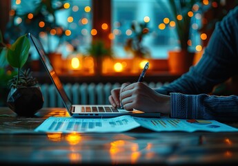 Poster - A person is writing on a laptop in front of a window with a plant