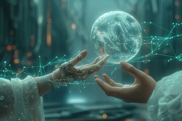 Wall Mural - a pair of hands holding a glowing orb that is surrounded by a web of lines