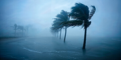 Beach with palm trees during a hurricane, Florida, wide banner, copyspace