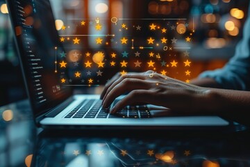 Poster - A person is typing on their laptop, with an online customer review concept in the background showing stars and icons floating above them.