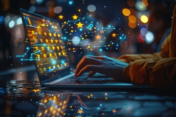 Poster - a person is typing on a laptop with a glowing star pattern on the screen