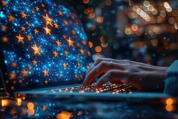 Poster - A person is typing on a laptop with a starry background