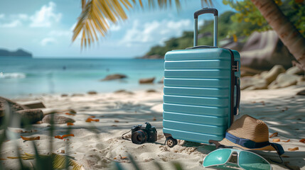 Hyper-Realistic Photo of Blue Suitcase with Travel Accessories on Beach Background