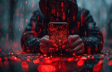 Poster - A person is looking at their phone while it is raining