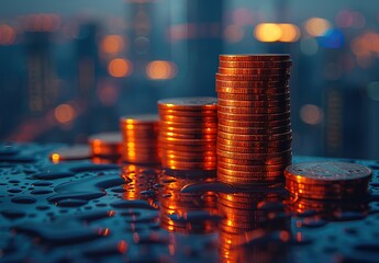 Poster - A stack of coins on a table with a city in the background