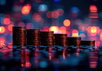 Poster - A stack of coins is shown in a blurry, colorful background