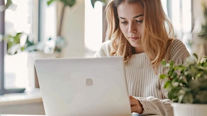 Poster - A white woman sitting in front of a laptop computer in a modern office space, A white woman in a sleek, modern office space typing away on a sleek, minimalist laptop