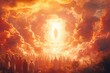 © Multiverse - A glowing figure of Jesus Christ rises through a fiery sunset sky, surrounded by clouds and a crowd of people