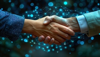 Wall Mural - Two hands shaking in a handshake with a blue background