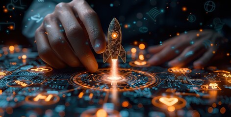 Poster - A hand is pointing at a rocket on a computer screen