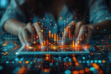 Poster - A woman is typing on a tablet with a lot of numbers and symbols