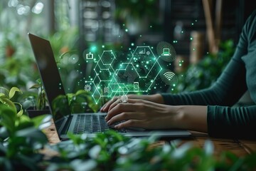 Poster - A woman is typing on a laptop with a green screen that has a lot of icons