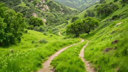 Sticker - A dirt road winds its way through a vibrant green valley with trees and vegetation on either side, A winding hiking trail leading through a lush green valley