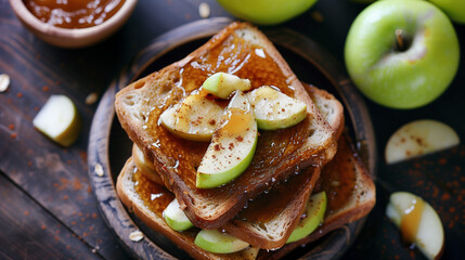 Wall Mural -  top view of delicious slices to toast with caramel and green apples on the table. The plate is made from dark wood, with apple pieces scattered around it