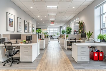 Poster - a large open office space with many desks and chairs