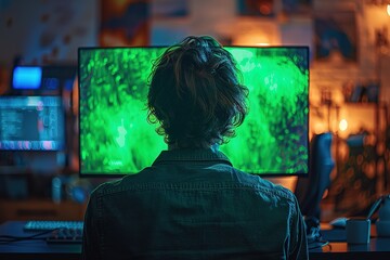 Poster - A man is sitting in front of a computer monitor with a green screen