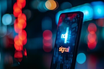 Fototapete - A closeup image showcasing a smartphone screen displaying no signal with a holographic effect. The background is blurred with out-of-focus city lights