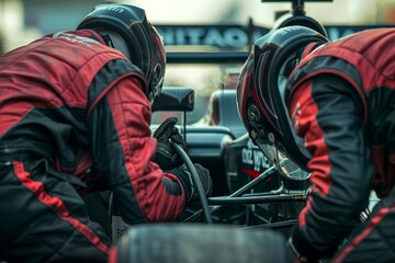 A closeup photo of two mechanics focused on their work during a pit stop at a formula race