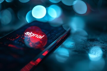 Poster - A close-up view of a mobile phone screen, showcasing an interactive holographic no signal icon in red against a dark blue background with blue bokeh lights