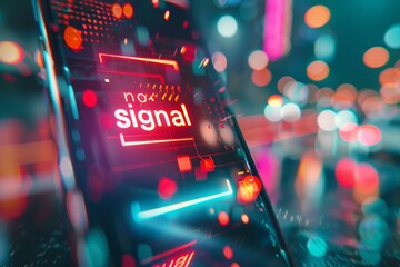 Poster - A closeup shot of a mobile phone screen displaying a holographic no signal message, set against a backdrop of blurred city lights