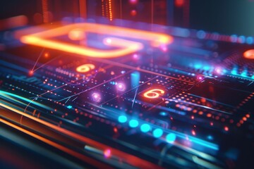Fototapete - A close-up perspective of a smartphone showcasing a holographic G text icon on an interactive display, creating a visual effect with colorful lights and patterns
