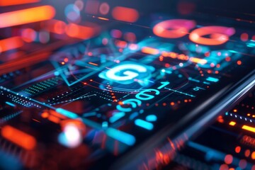 Fototapete - A close-up shot of a mobile phone screen displaying a holographic G icon, surrounded by glowing lines and numbers