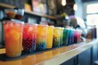 © Elmira - A close-up image of a row of brightly colored bubble tea drinks in clear plastic cups, neatly arranged on a counter in a cafe