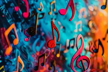 Poster - A close-up photo of a cluster of colorful music notes and signs against a vibrant abstract backdrop