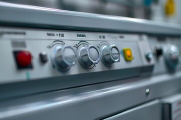 A close-up photo showcasing the intricate details of a commercial laundry machine control panel, focusing on the knobs and buttons