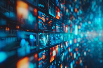 Fototapete - A close-up shot of a wall covered in digital displays, each showcasing different visuals and information. The image highlights the intricate details of the multimedia background