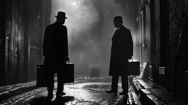 Shadowy figures exchanging briefcases in a dimly lit alley, symbolizing backdoor deals and political corruption