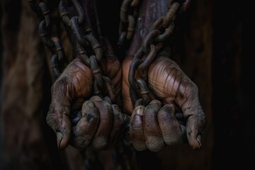 A closeup shot of two weathered hands bound together by a heavy steel chain, illuminated by dramatic lighting. The image captures the harsh reality of captivity and the weight of chains