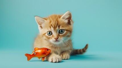 Wall Mural - A ginger kitten looks curiously at a toy fish on a blue background.