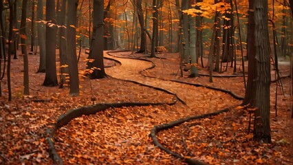 Wall Mural - Path winding through forest surrounded by fallen leaves, A winding path through a forest carpeted with fallen leaves