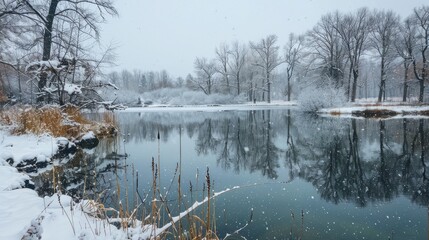 Canvas Print - Scenic view of a little lake in a natural park during snowy weather