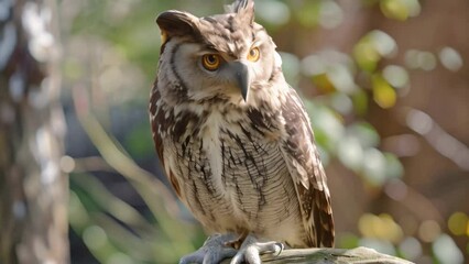 Wall Mural - An owl sits on a tree branch in this nature scene, A wise owl perched on a branch