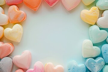 Poster - Colorful heart shapes in various shades of pink, orange, yellow, and blue arranged in a circular pattern on a soft pastel blue background, creating a vibrant display