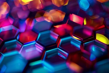 Poster - A close up photo showcasing a colorful pattern of luminous neon hexagons against a dark background. The image is perfect for enhancing creative design projects