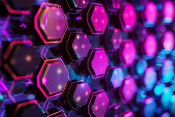 Poster - A close-up shot of a repeating hexagonal pattern, illuminated by vibrant neon colors against a black backdrop