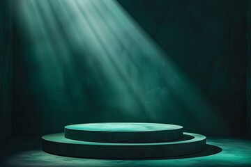 Poster - A single spotlight illuminates a dark green stage podium, creating an elegant and minimalist backdrop for showcasing products