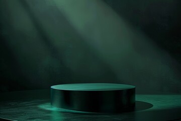 Poster - A single, round stage podium illuminated by a spotlight on a dark green background. The podium is perfect for displaying products in a dramatic and elegant setting