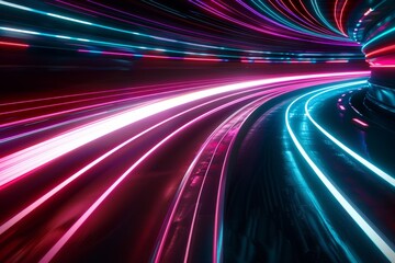 Fototapete - A dynamic photograph capturing neon streaks of light cutting through darkness. The image embodies futuristic speed and innovation